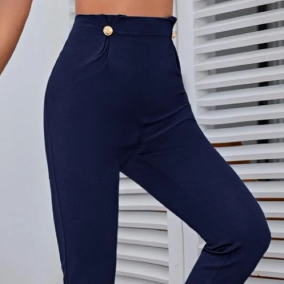 Navy Blue High Waisted Button Pants in M - Picture 3 of 5